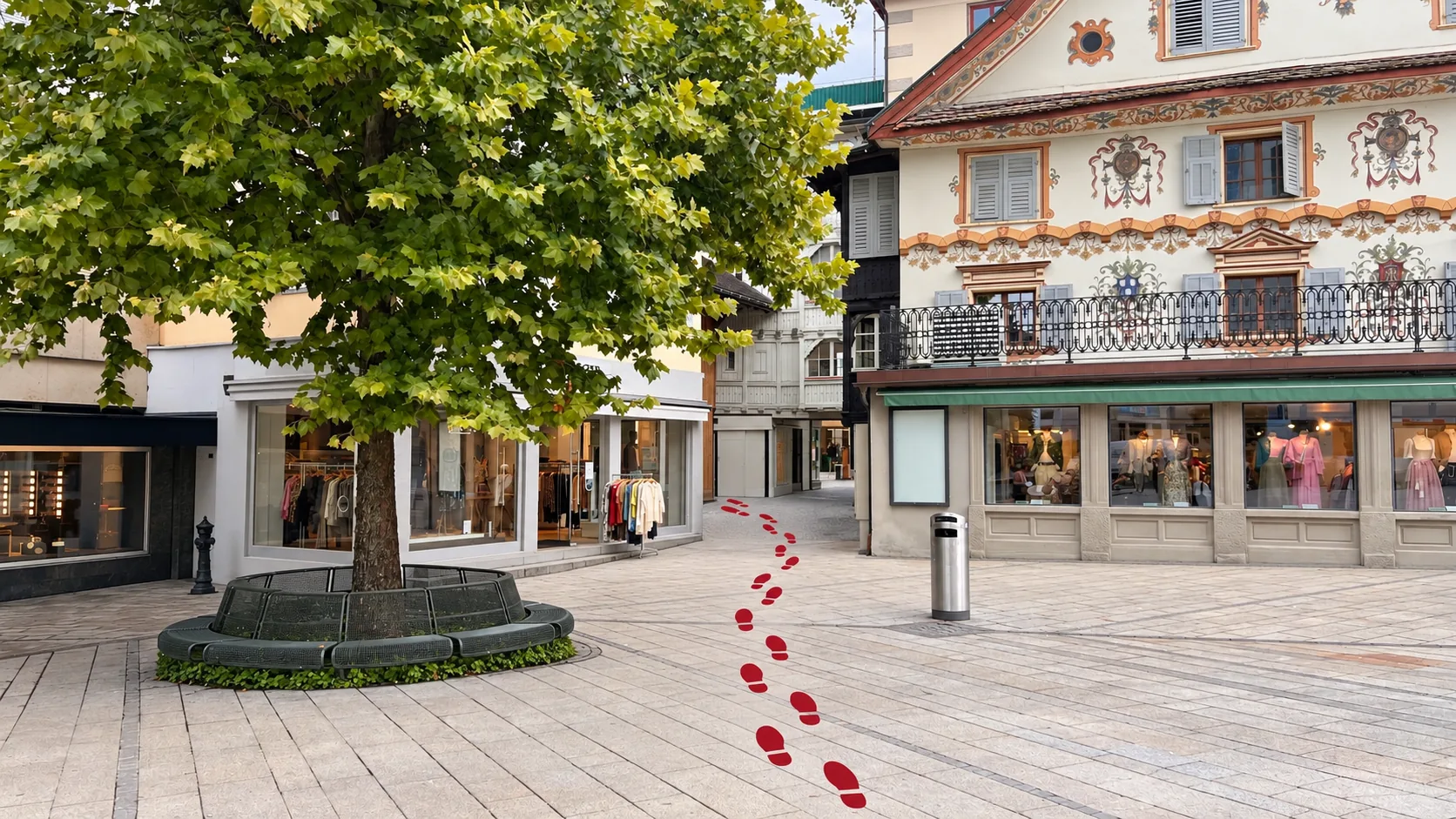 Schritt 1: Vom Marktplatz: Gehen Sie am Baum vorbei in die Gasse neben dem bemalten Haus.
